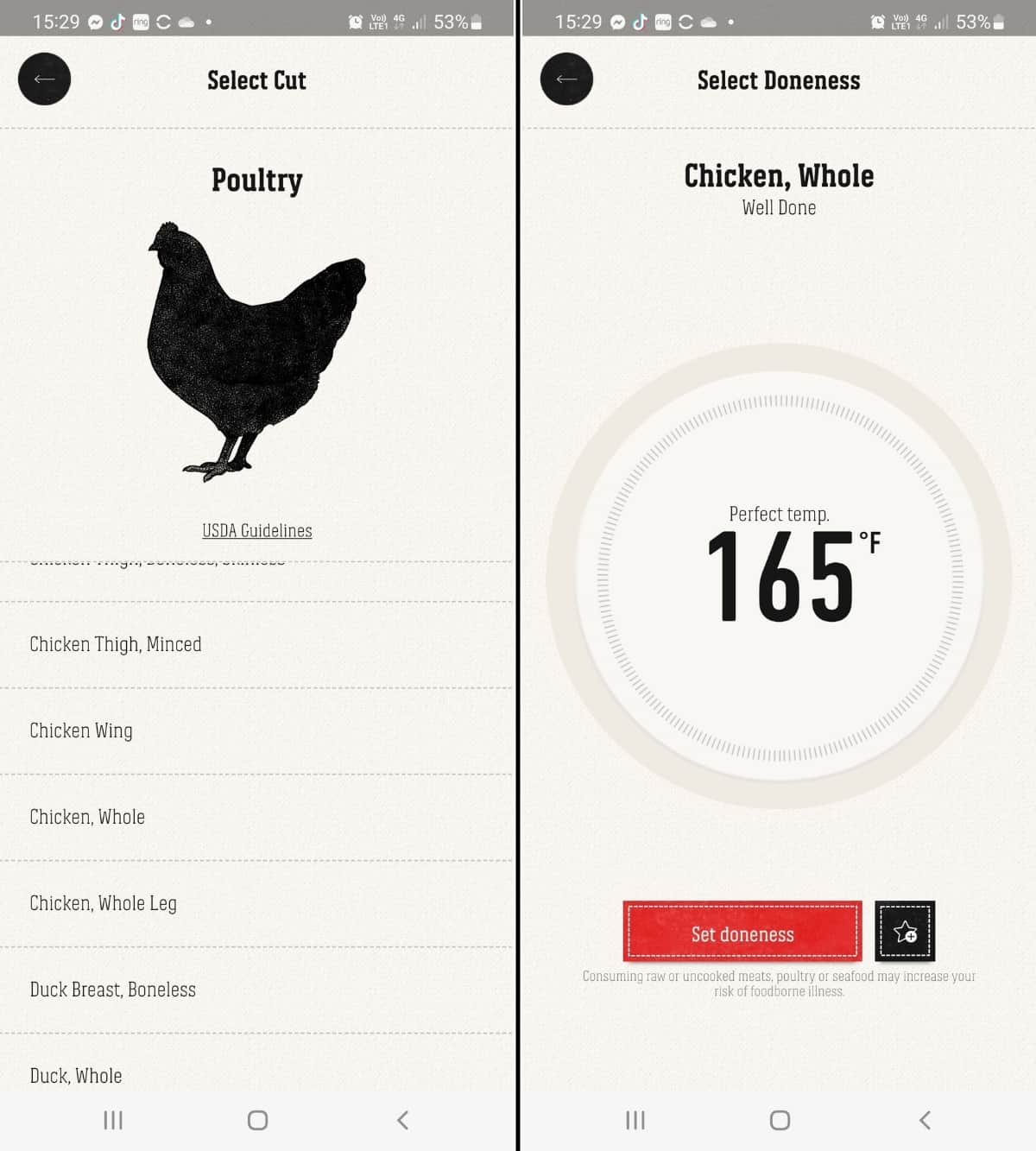 Tqo iGrill smartphone app screenshots showing the food presets feat.