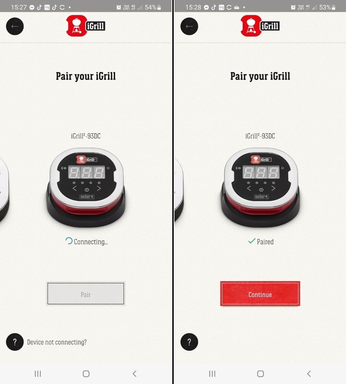 iGrill smartphone app screenshots showing connecting to an iGrill2 thermometer.