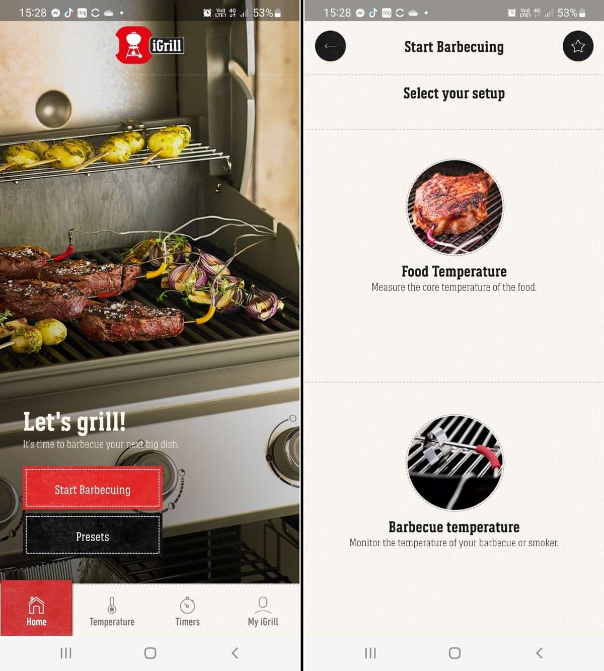 iGrill smartphone app screenshots showing how to start a cook.