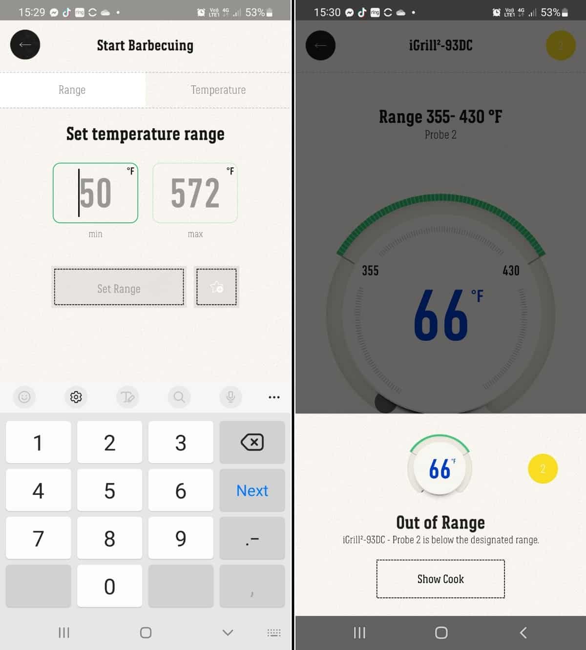 iGrill smartphone app screenshots showing how to set a range for your grill temp, and a low temperature alarm.