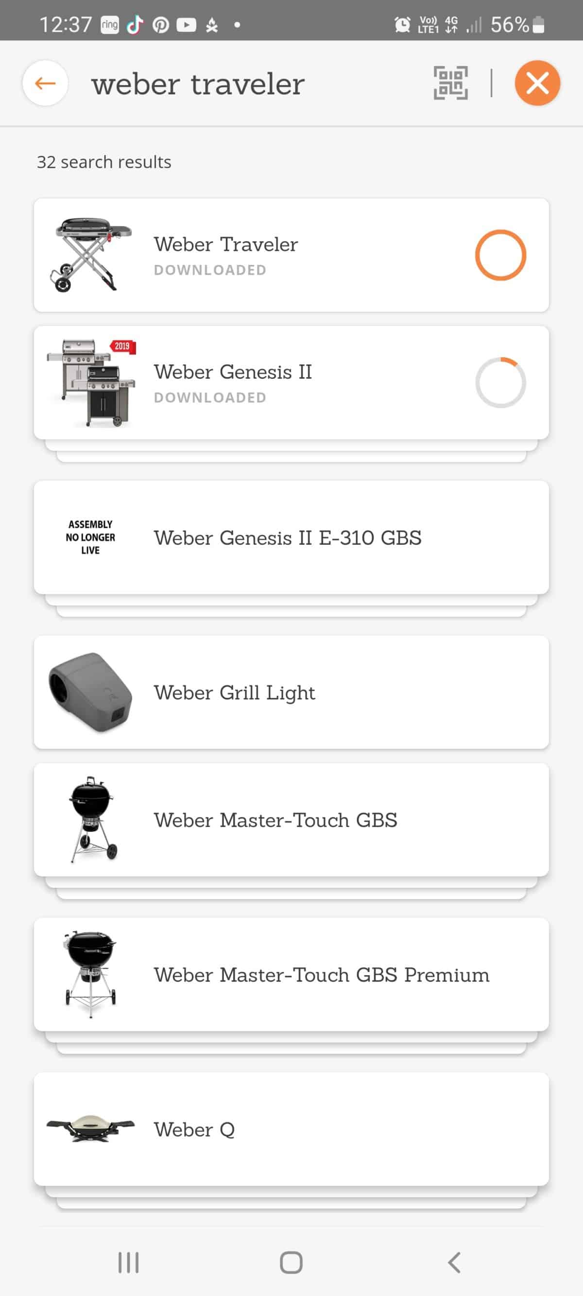 Screenshot from the Android Bilt App showing different grills it has instructions for.