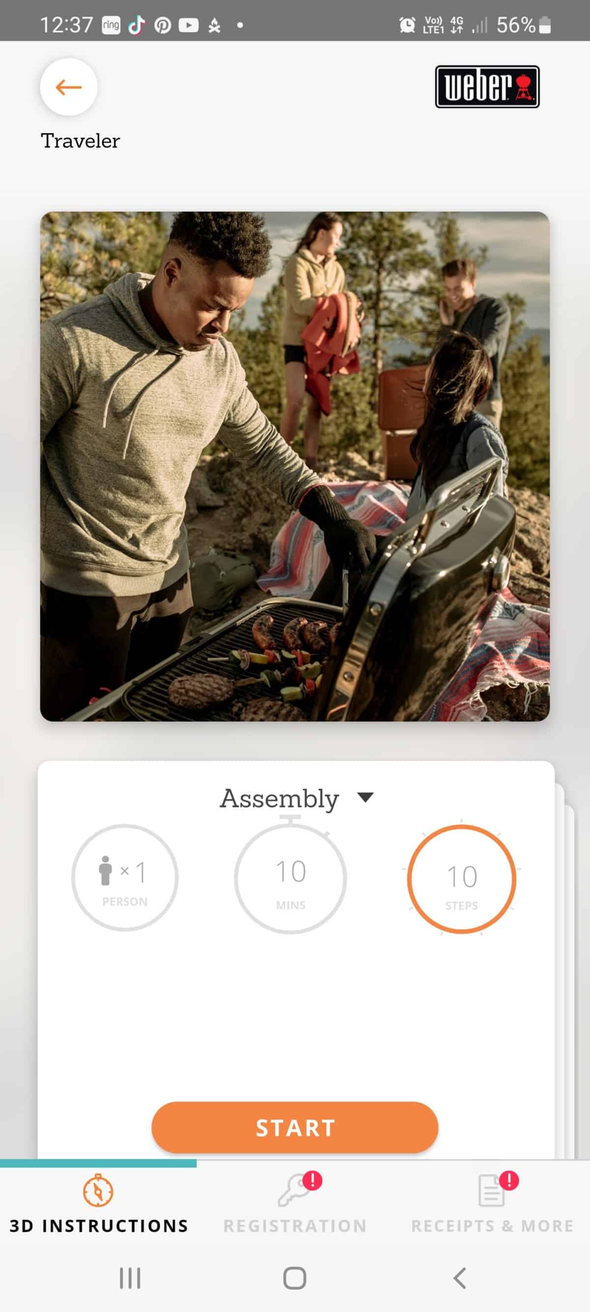 Acressnshot of Android Biltapp showing how long the Weber Traveler takes to assemble