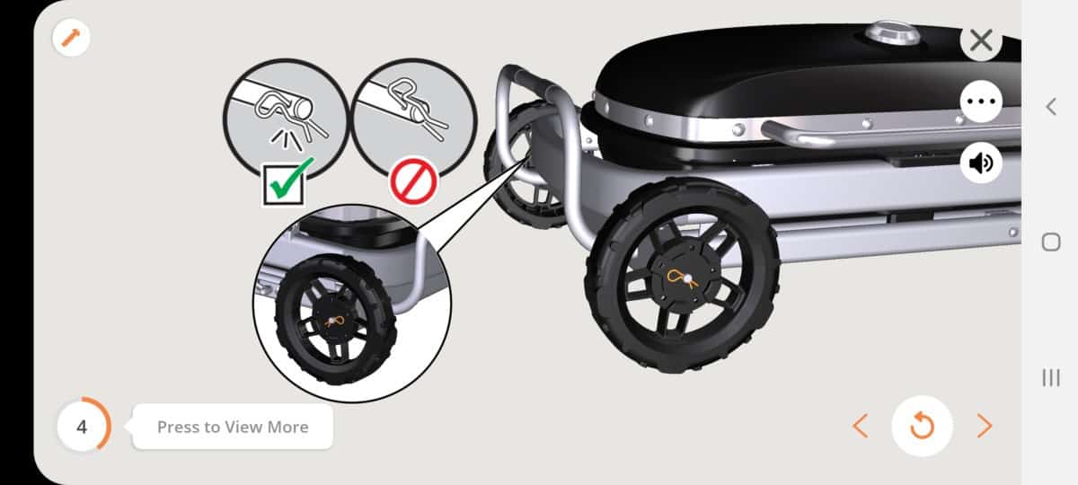 Screenshot from the Android Bilt App showing how to attach wheels to the Weber Traveler gas grill
