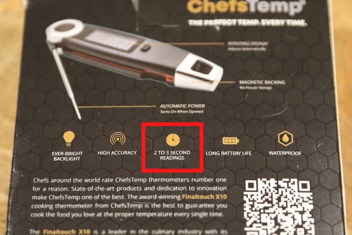 ChefsTemp FinalTouch X10 packaging showing it has a 2 to 3 second read time