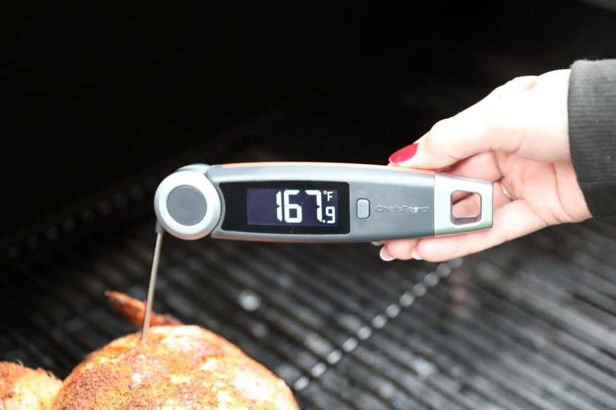 ChefsTemp FinalTouch x10 instant read thermometer measuring chicken and displaying 167.9 degrees Fahrenh.