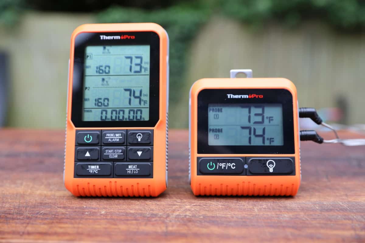 ThermoPro TP826 transmitter and receiver, powered up and sitting on a cutting board
