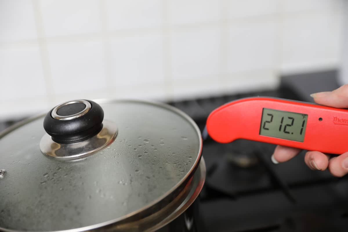 Thermapen one in a pan of boiling water, displaying 212..1 degrees Fahrenheit
