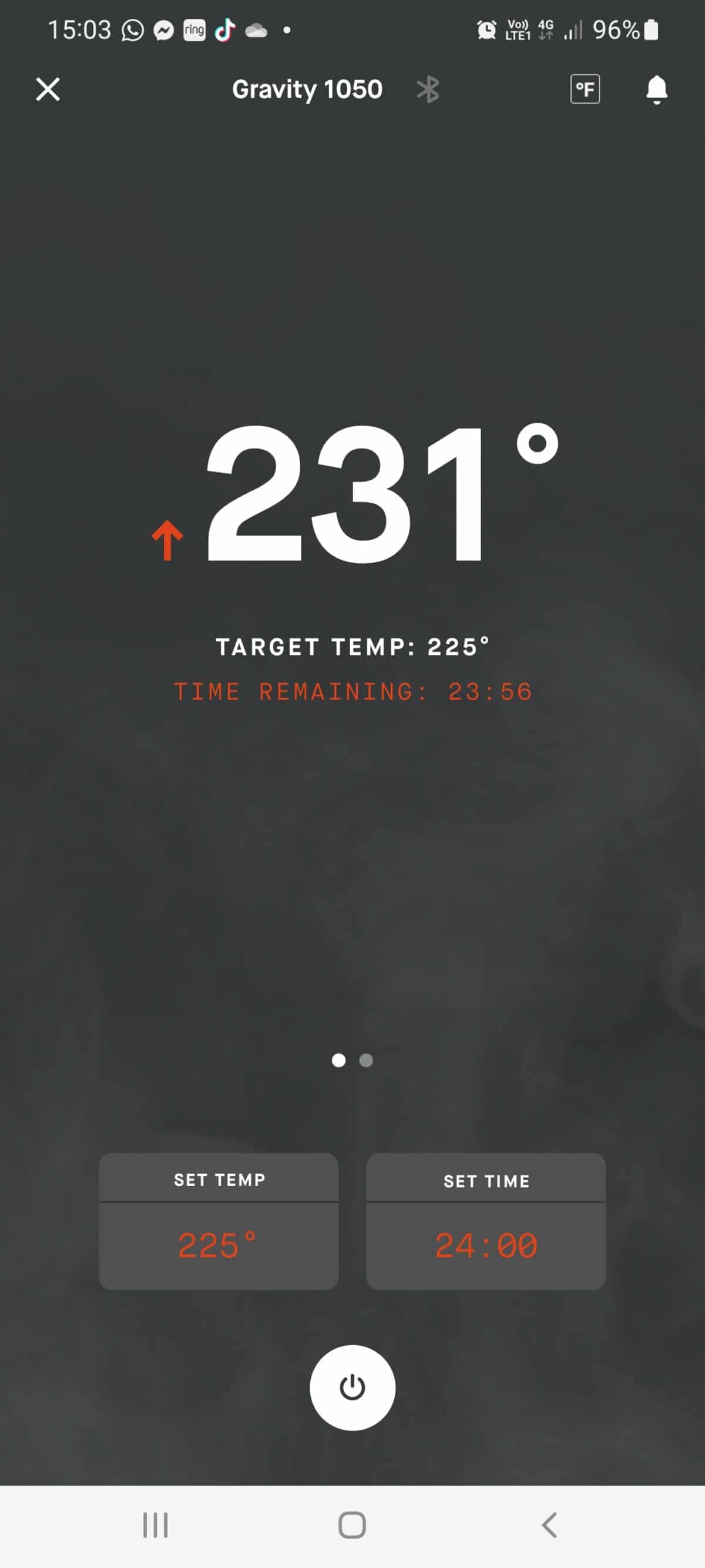 Masterbuilt gravity series smartphone app screenshot showing 231 degrees F.