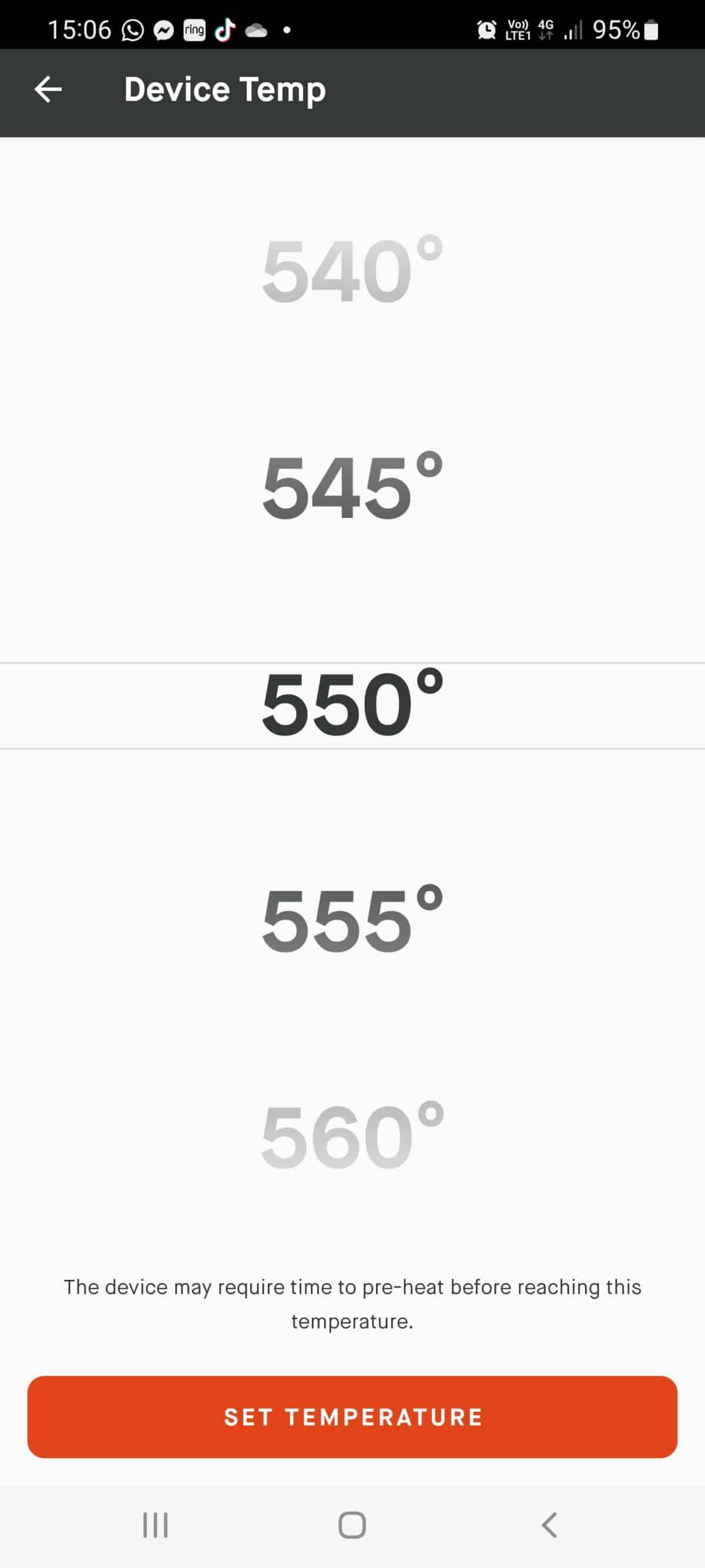 Masterbuilt gravity series smartphone app screenshot showing how to set the grill temp to 550 degrees Fahrenheit.