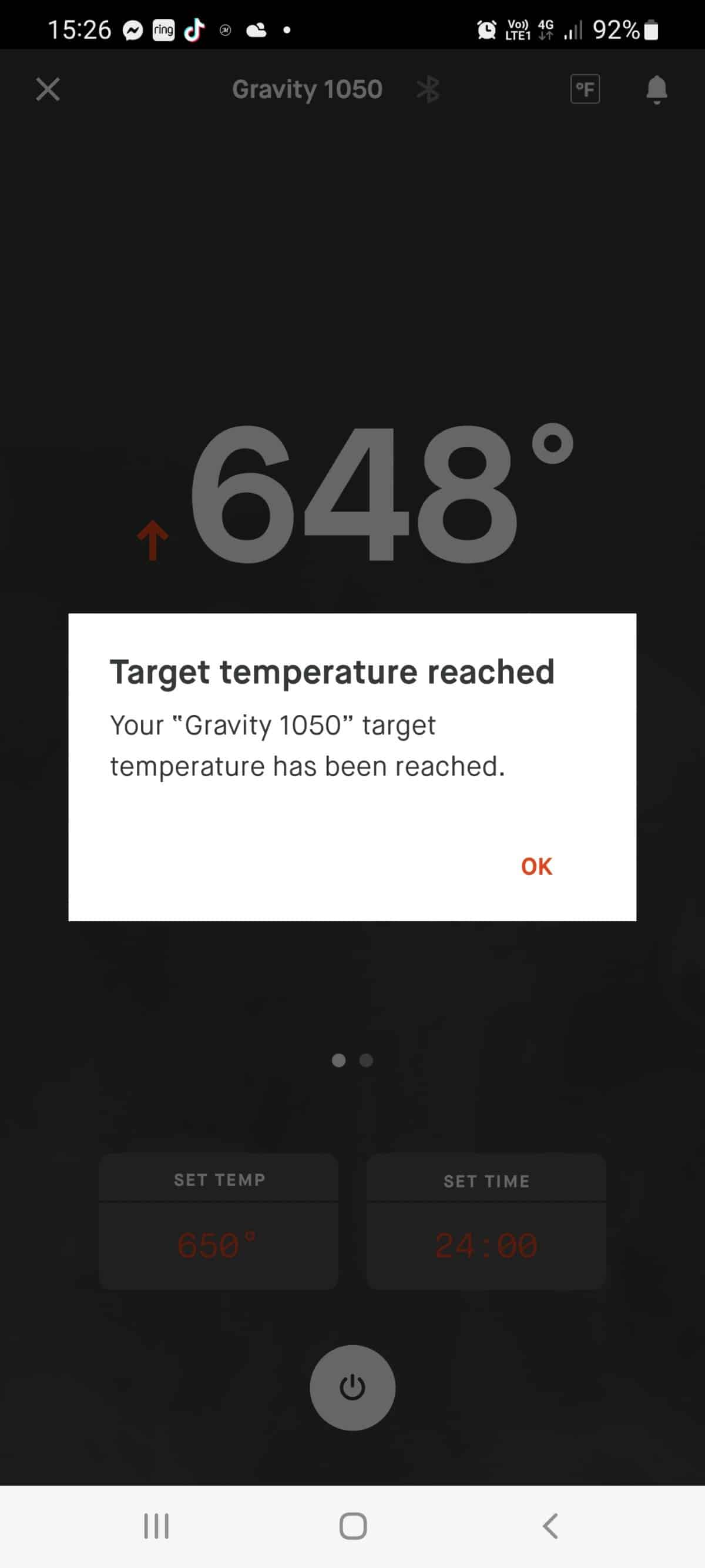 Masterbuilt gravity series smartphone app screenshot showing set temperature has been reached.