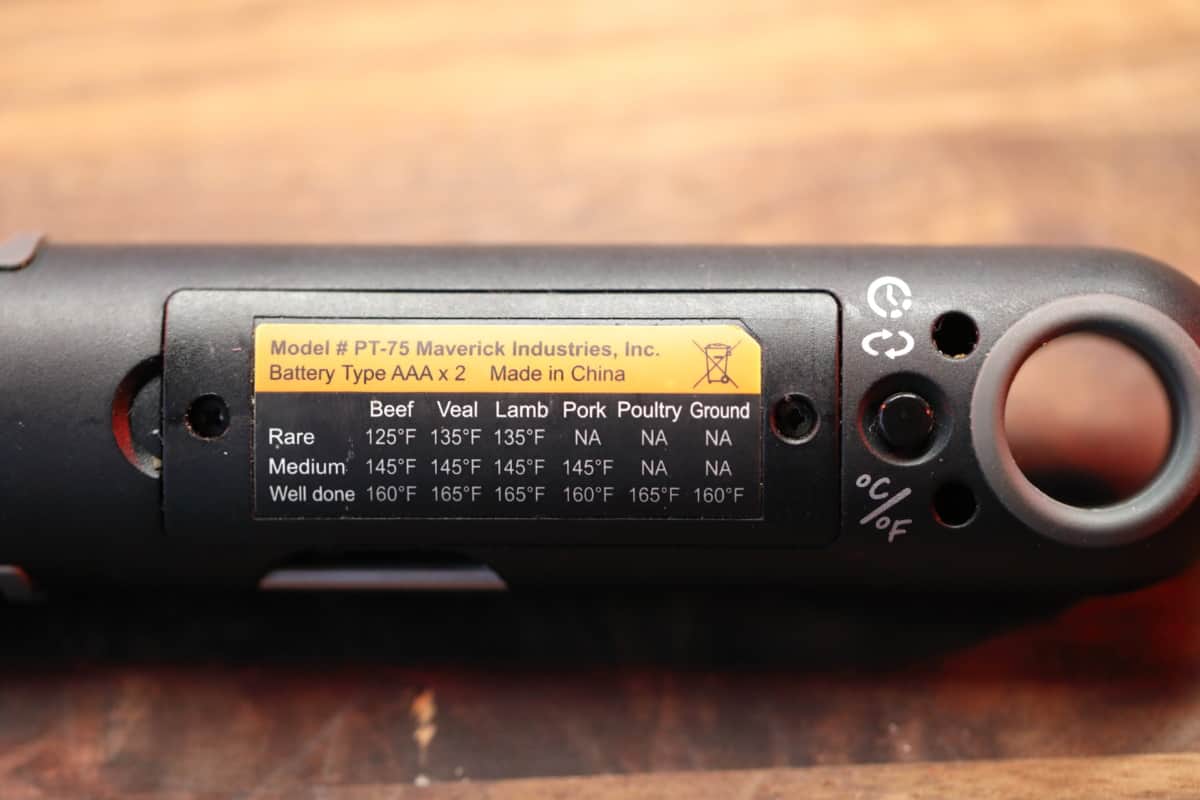 Meat doneness chart on the rear of the Maverick PT-75 instant-read thermometer.