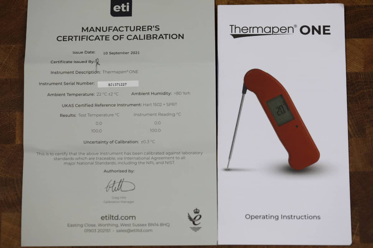 Thermapen one user guide and certificate of calibration side-by-side