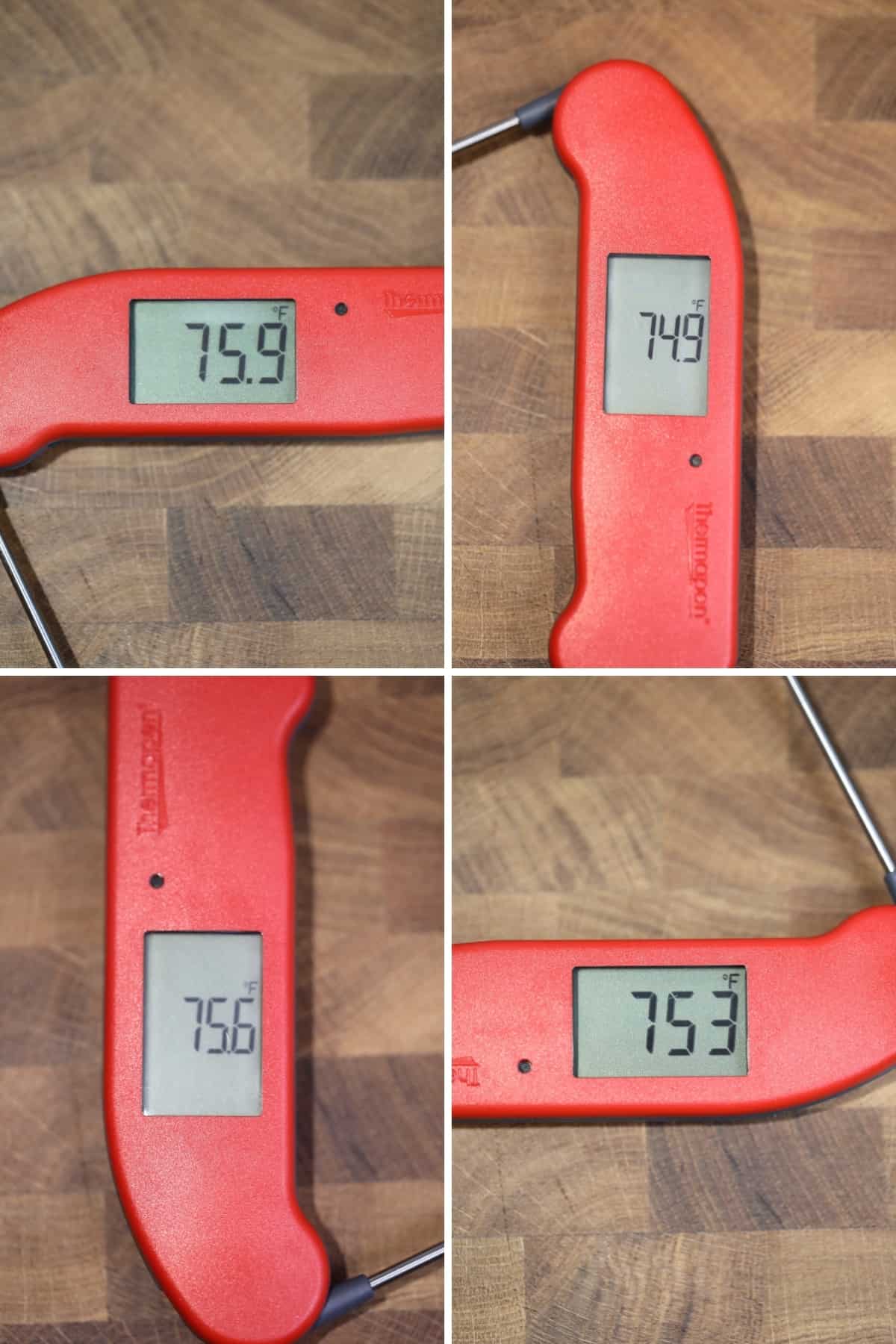 Four photos of the Thermapen One rotated 90 degrees in each, to show the auto-rotating display