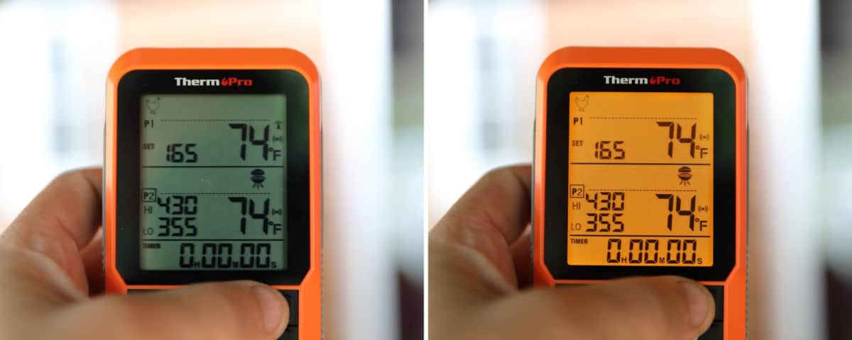 Two photos of the thermopro tp826, one with backlight on, and one with it o.