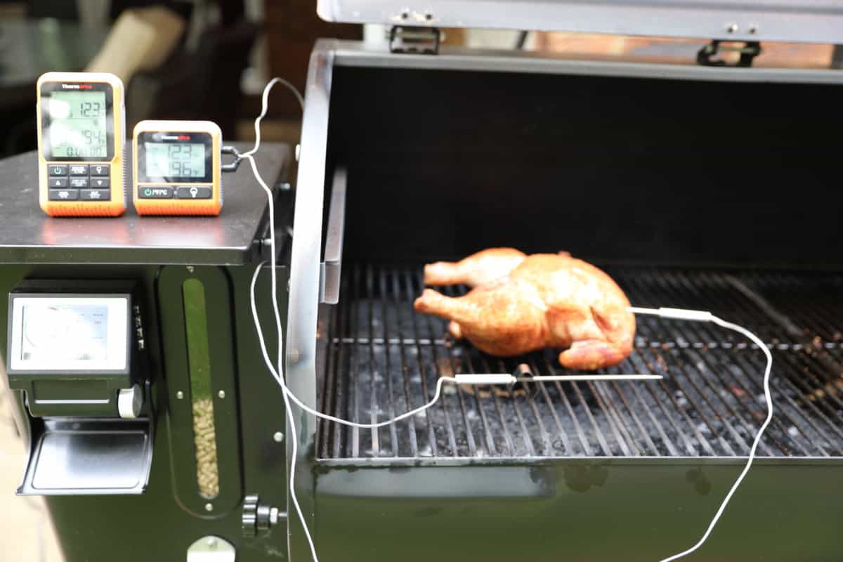 ThermoPro TP826 being used to monitor the cook of a chicken.