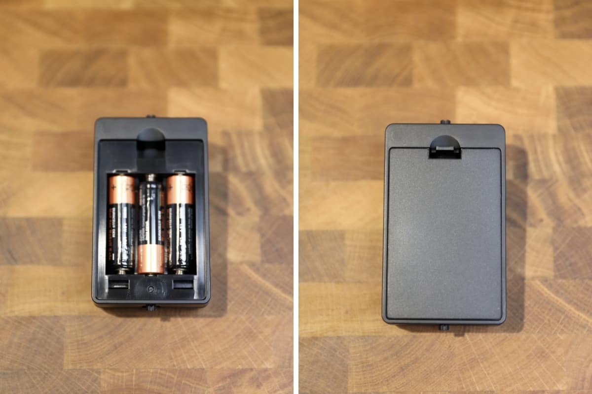 Two photos of Weber iGrill 3 battery box, with compartment opened and closed