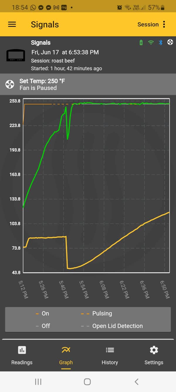 Thermoworks app screenshot showing a time vs temperature gr.