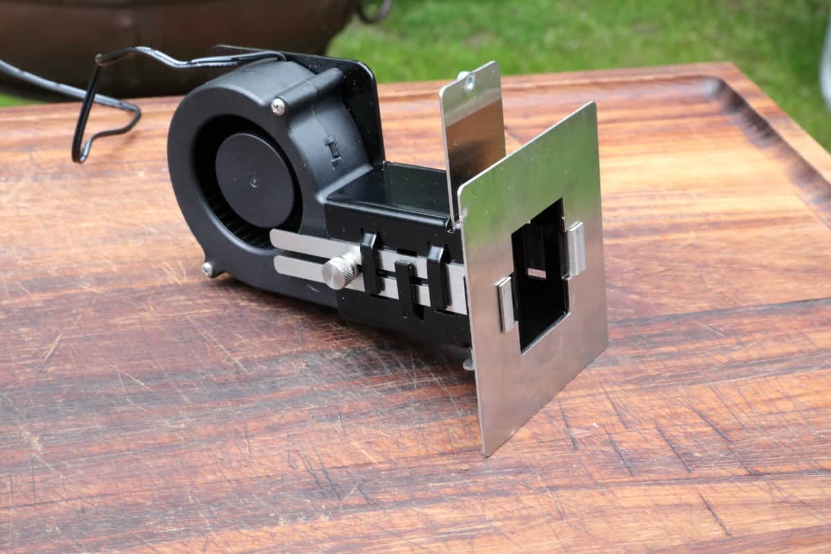 FireBoard blower with a Kamado adaptor plate connected.