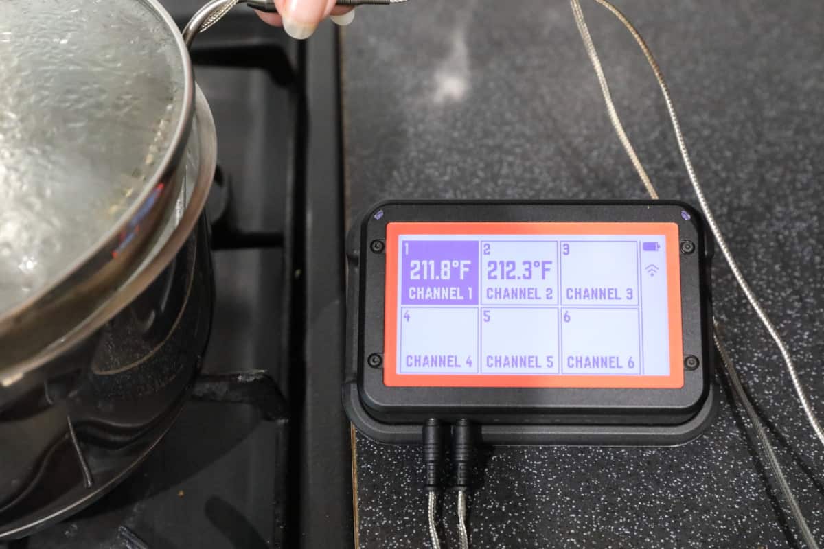FireBoard 2 Drive thermometer with two of its probes in a pan of boiling wa.