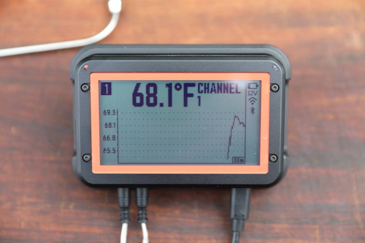 FireBoard 2 drive screen mode 1 showing a time versus temperature graph of probe 1.