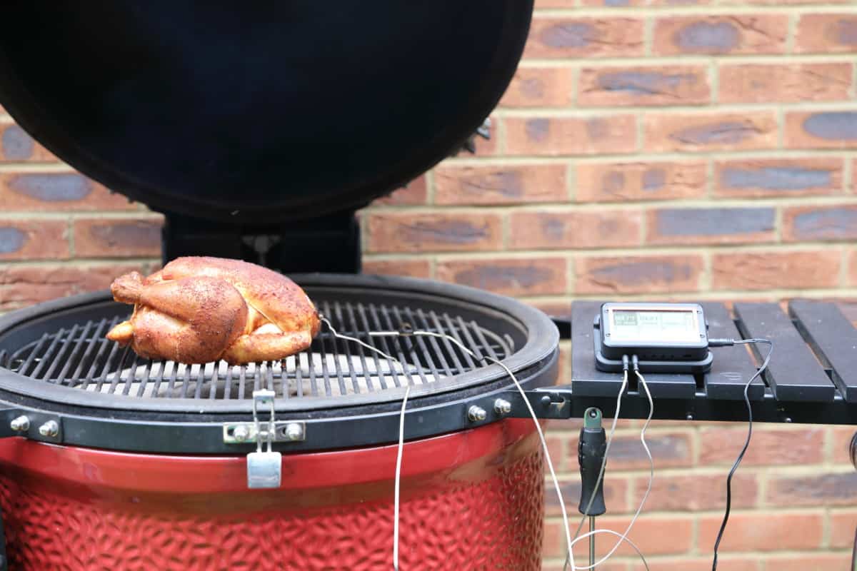 FireBoard 2 Drive in use, cooking a chicken on a Kamado Big Joe smoker.