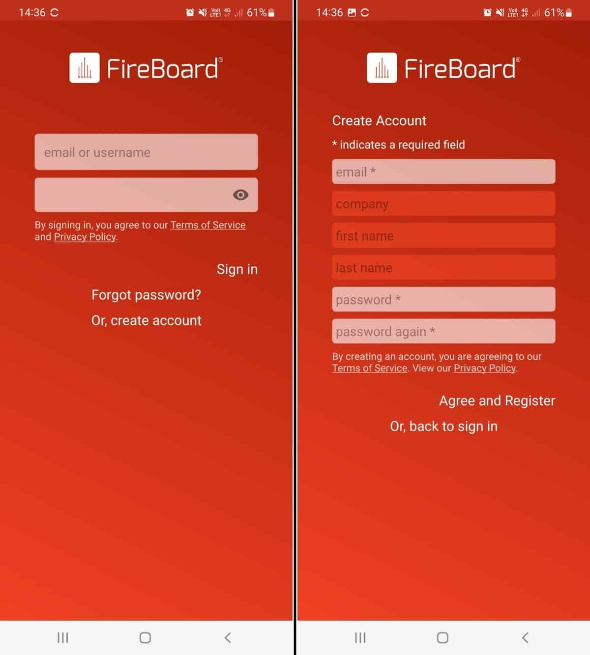 FireBoard app screenshots showing account creation.
