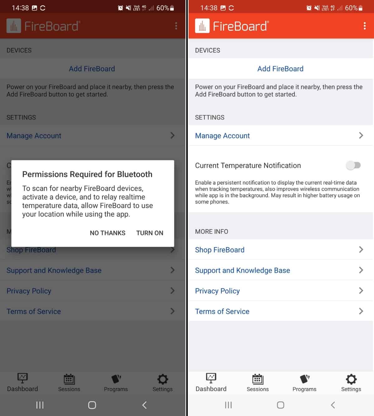 FireBoard app screenshots showing turning on bluetooth, and initial settings screen