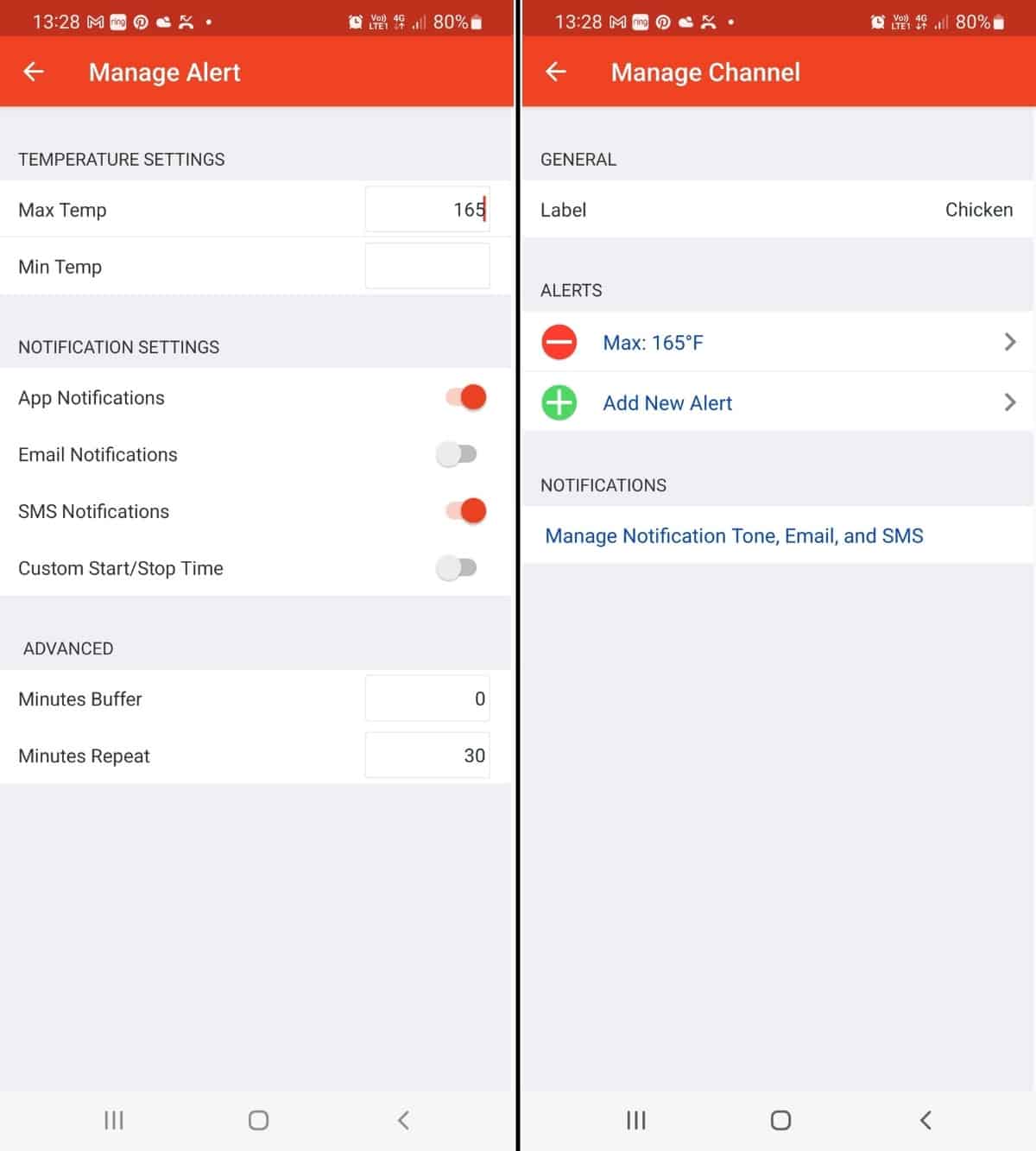 FireBoard app screenshots showing alerts settings screen, and an alert being received.