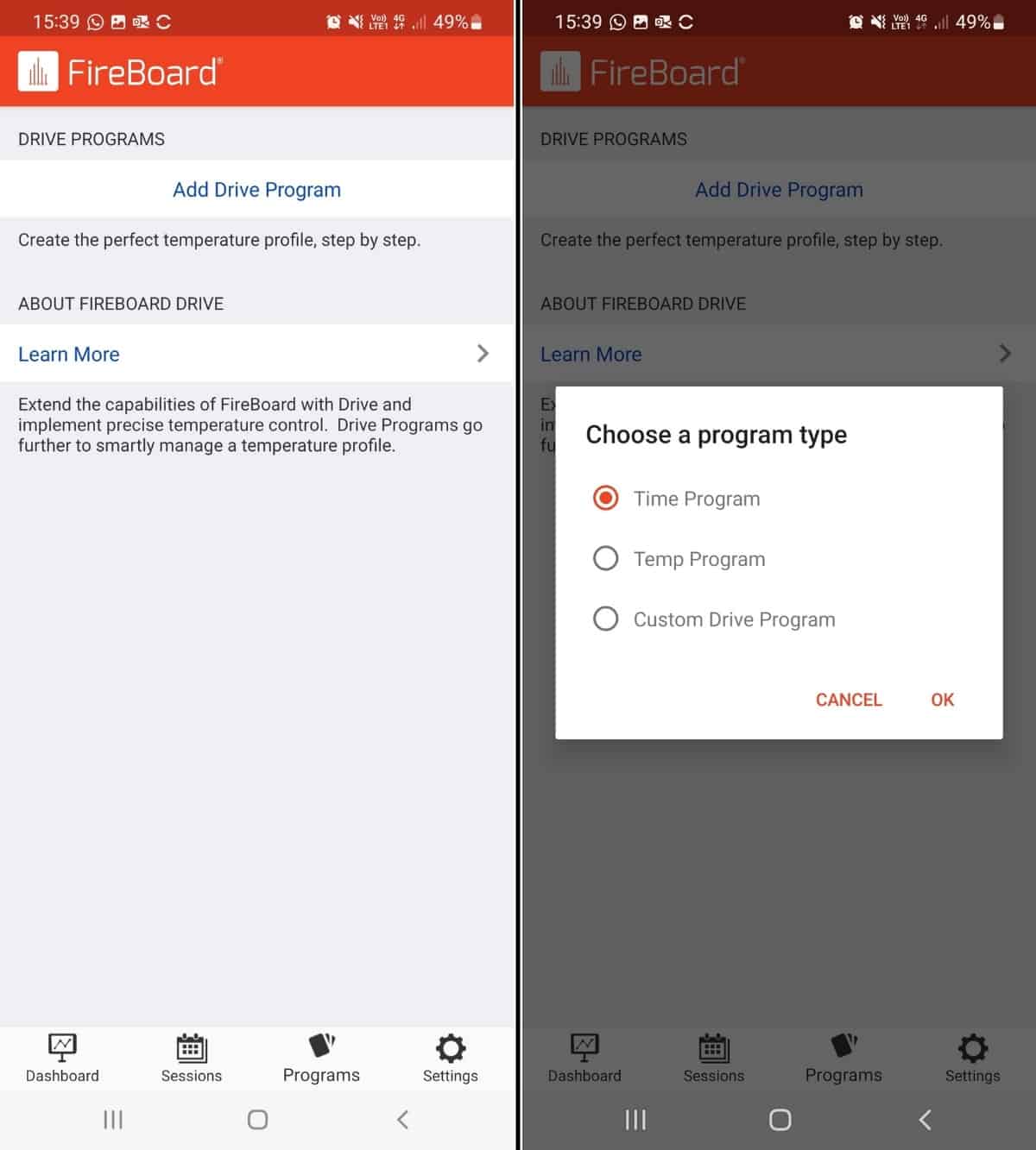 FireBoard app screenshots showing how to select a blower program