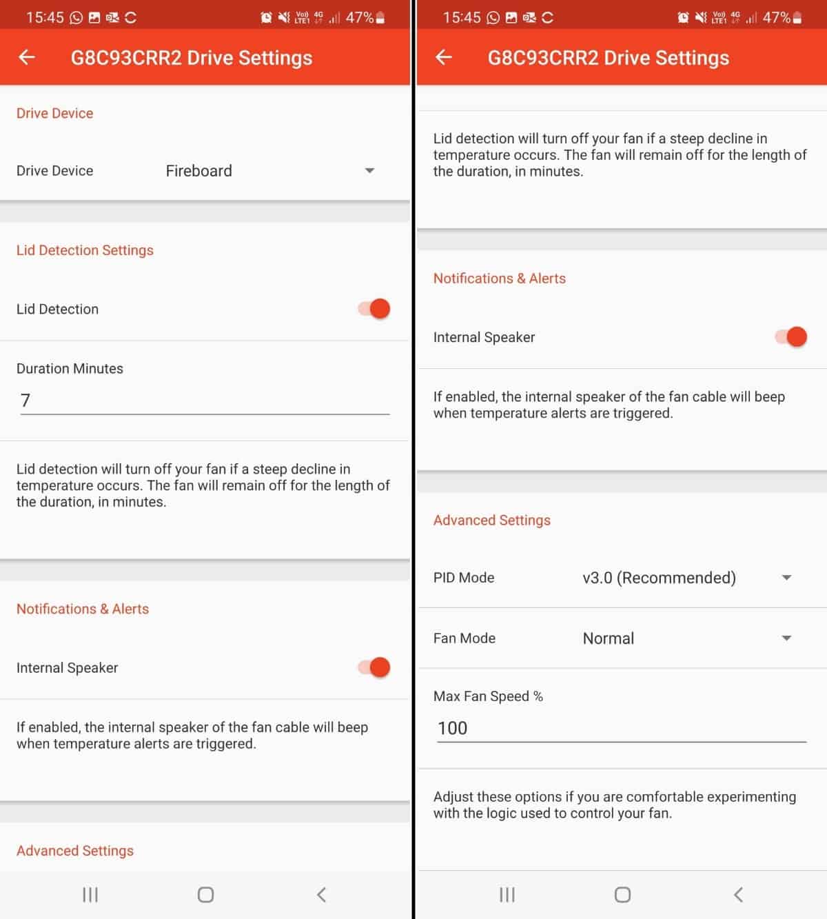 FireBoard app screenshots showing drive blower settings