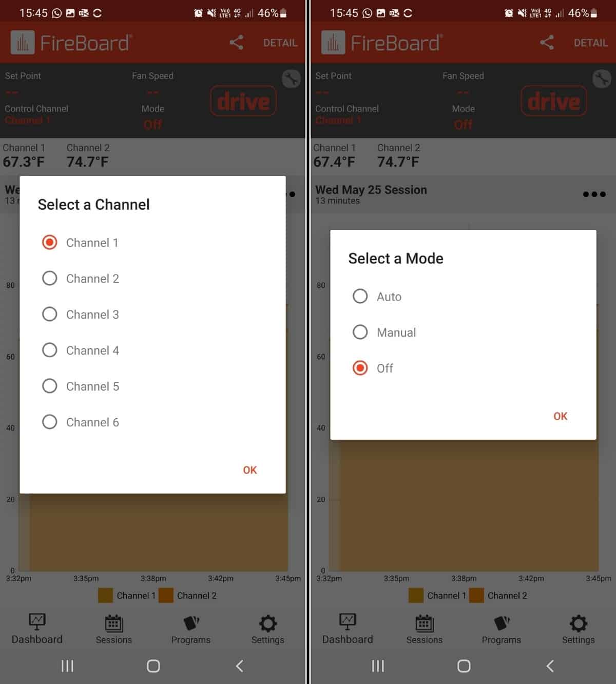 FireBoard app screenshots showing how to set up a target temperature.