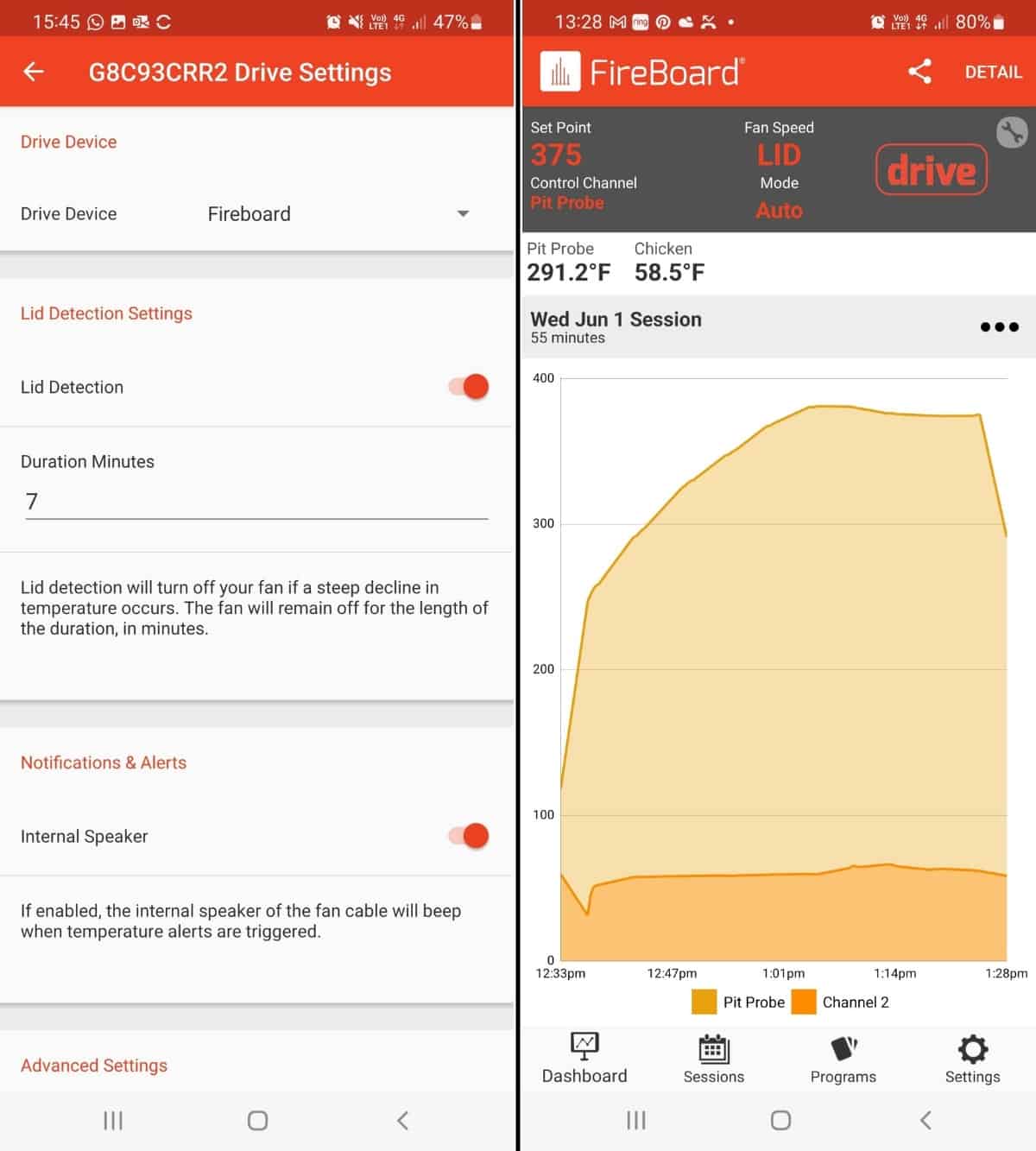 FireBoard app screenshots showing lid detetction settings, and the display when the lid is open.