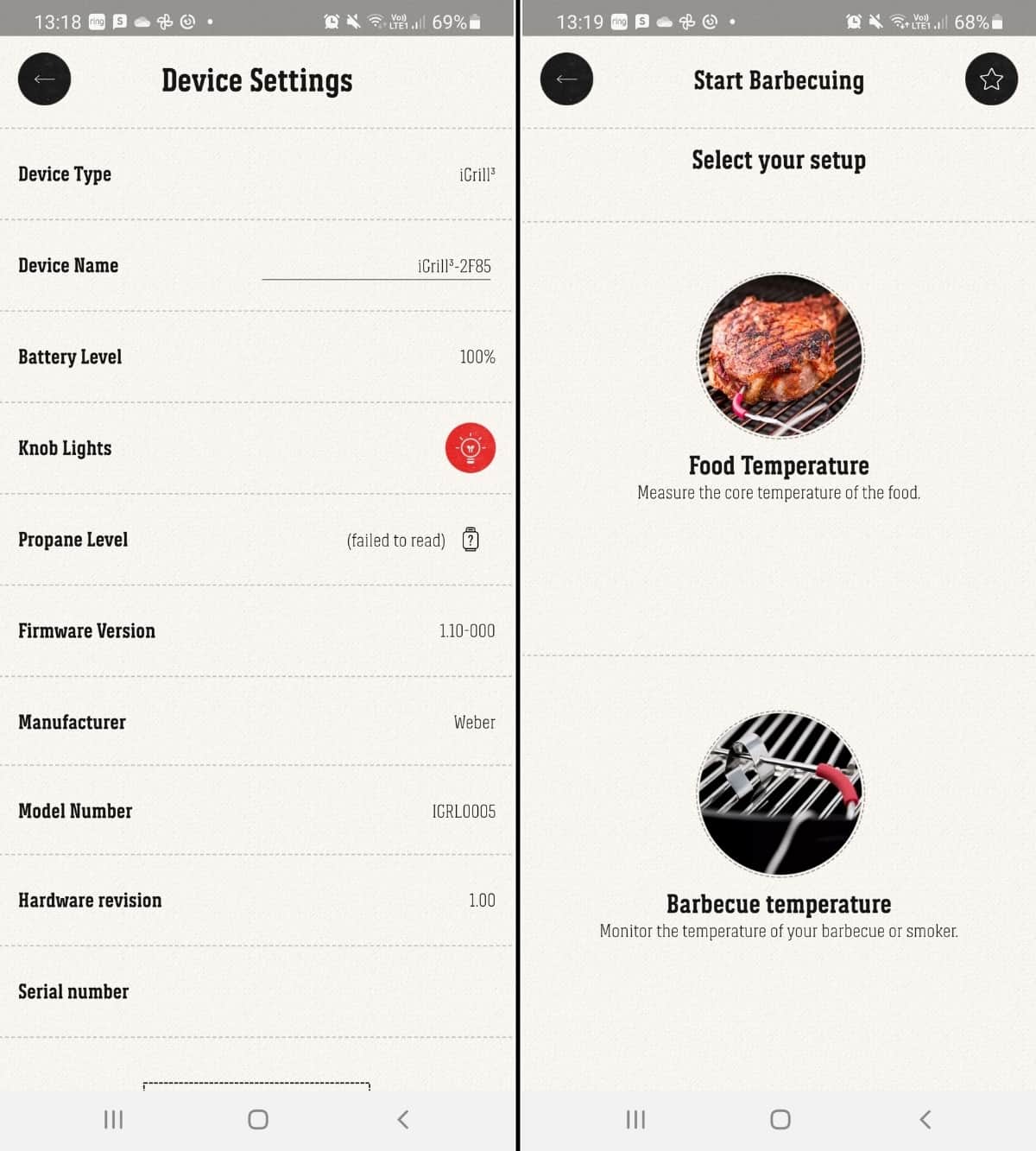 Two iGrill 3 app screenshots, showing device settings, and options to start grilling.