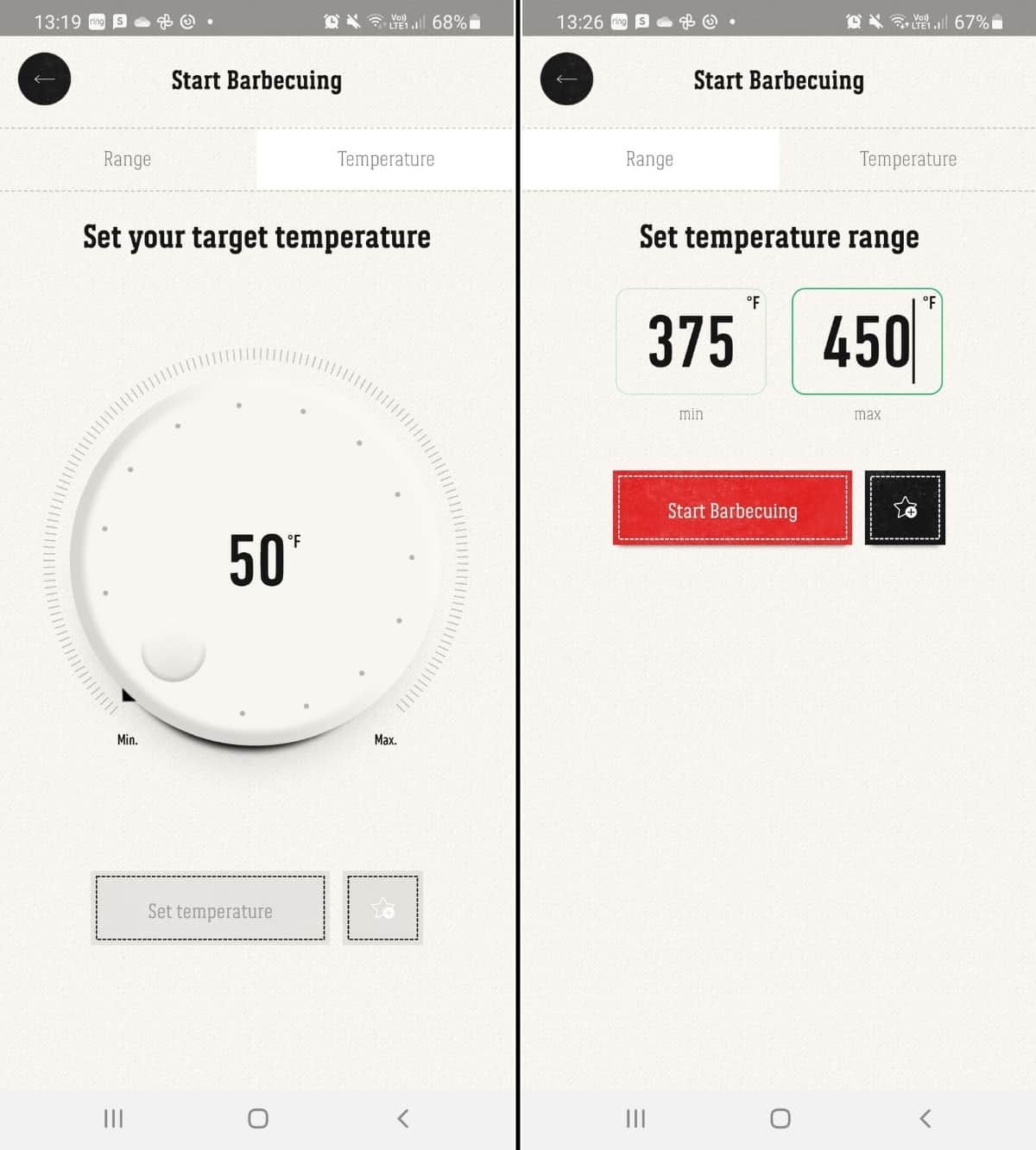 Two iGrill 3 app screenshots, showing how to set target temperature and temperature range alarms.