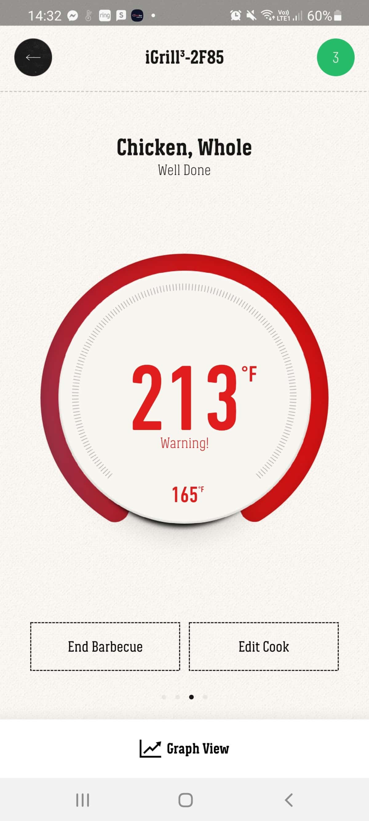 Weber iGrill app screenshot showing 213 degrees Fahrenheit
