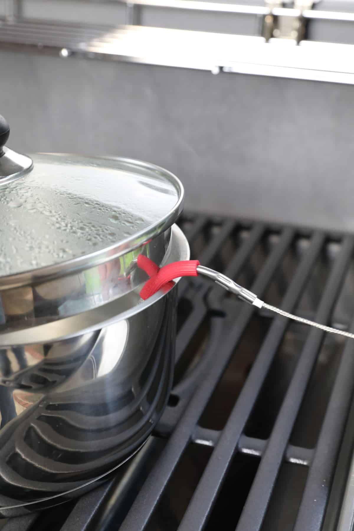 Weber iGrill 3 thermometer food probe in a pan of boiling water.