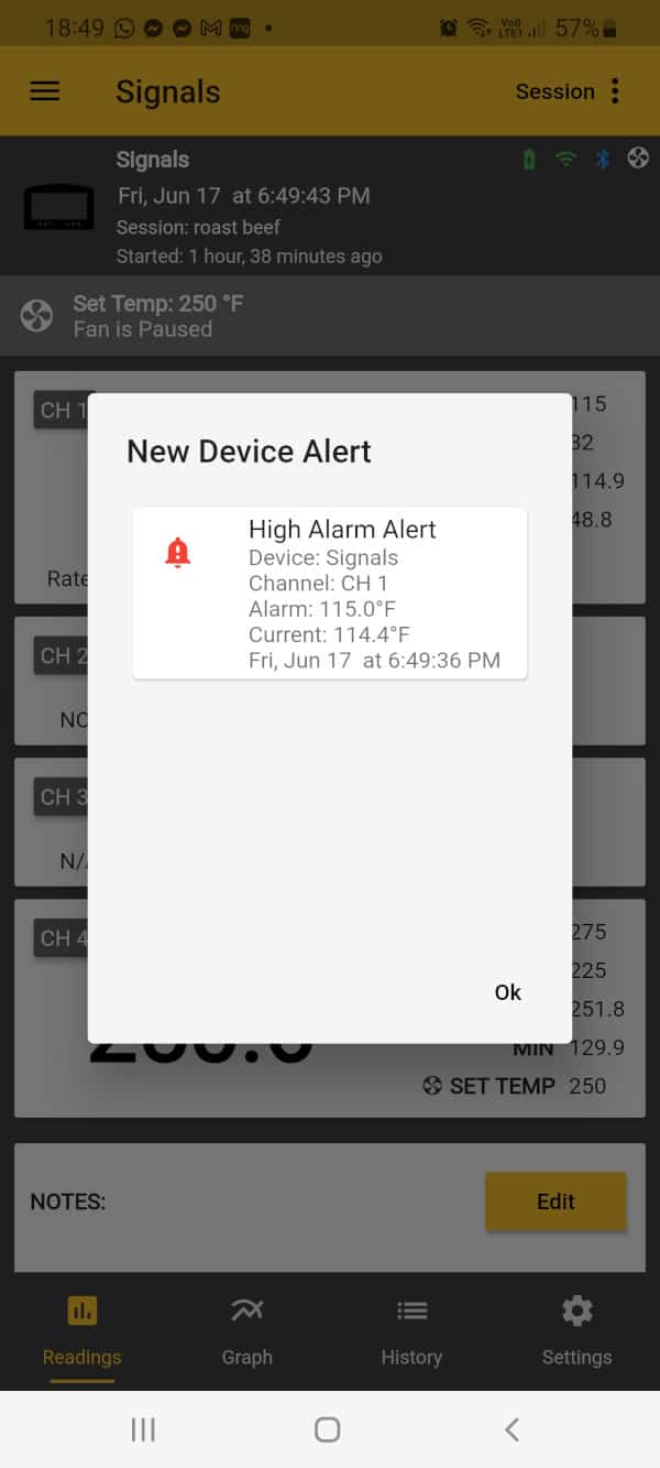 Thermoworks app alarm notification screens.