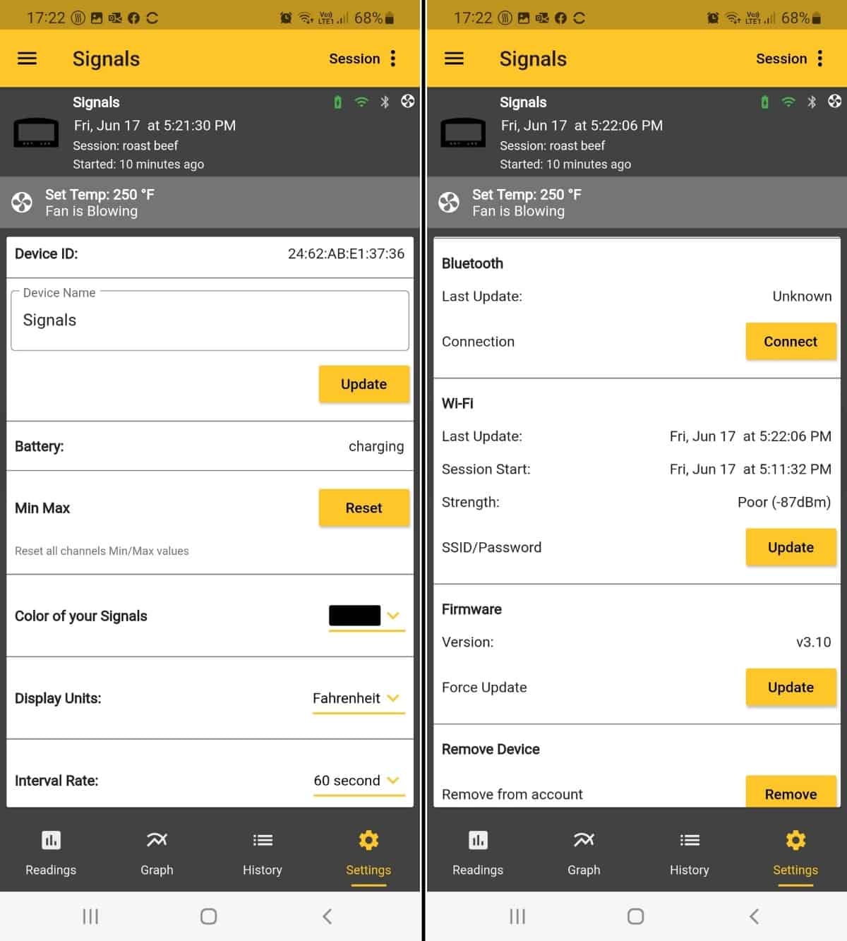 Thermoworks app screenshot of the settings sect.