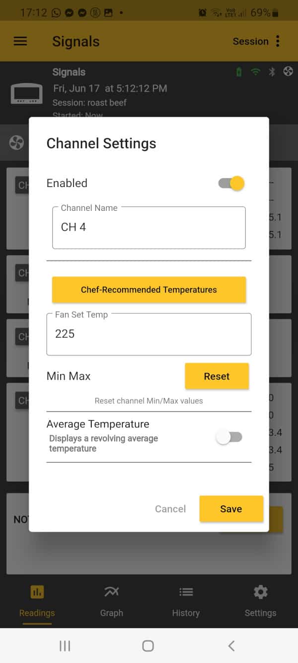 Thermoworks app screenshot showing Billows setti.