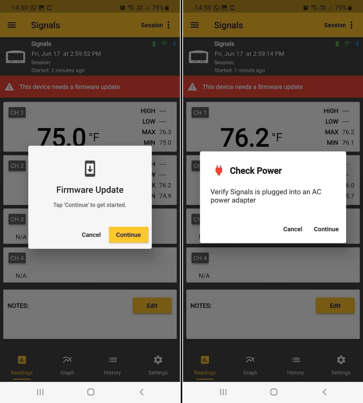 Thermoworks app screenshots showing the firmware update process, stages 1 and 2.