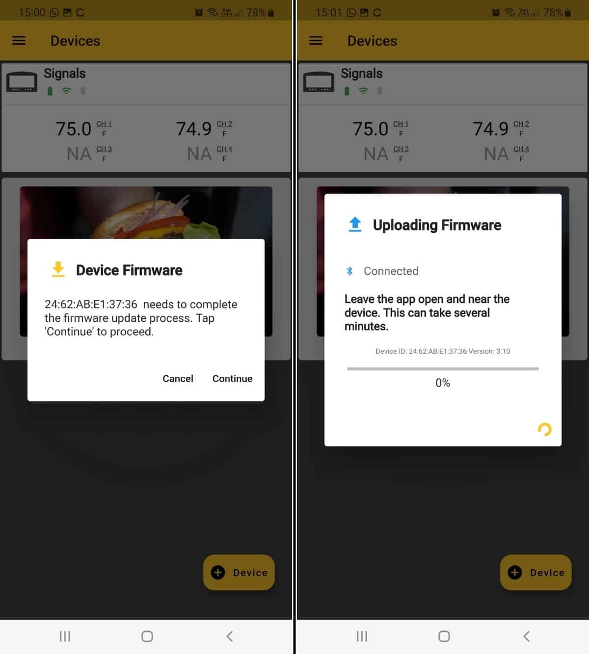 Thermoworks app screenshots showing the firmware update process, stages 3 and 4