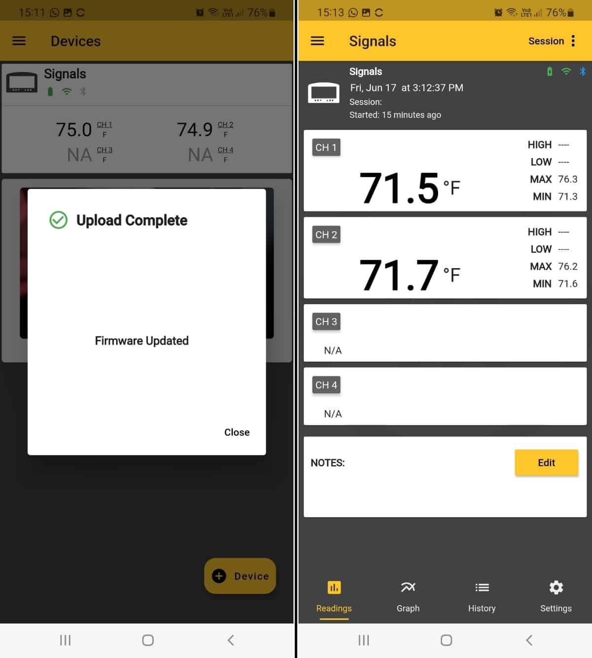 Thermoworks app screenshots showing the firmware update process, stages 5 and 6