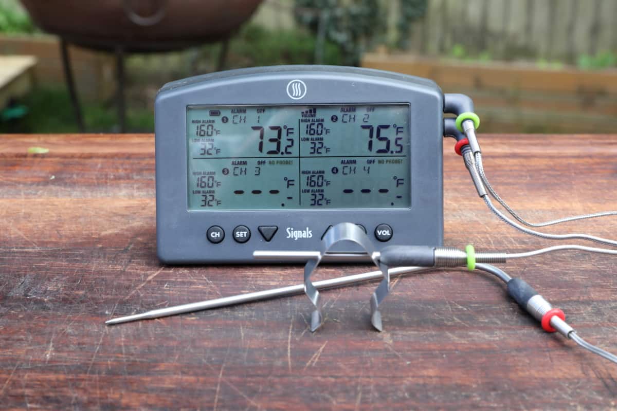 Thermoworks signals thermometer and probes, turned on and arranged on a tab.