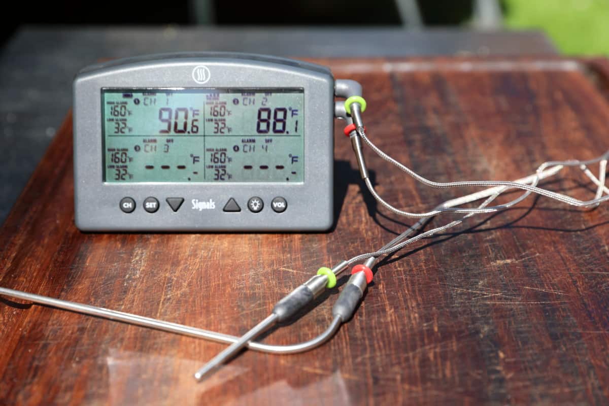 The Thermoworks Signals with two probes attached, showing the different colored probe rin.