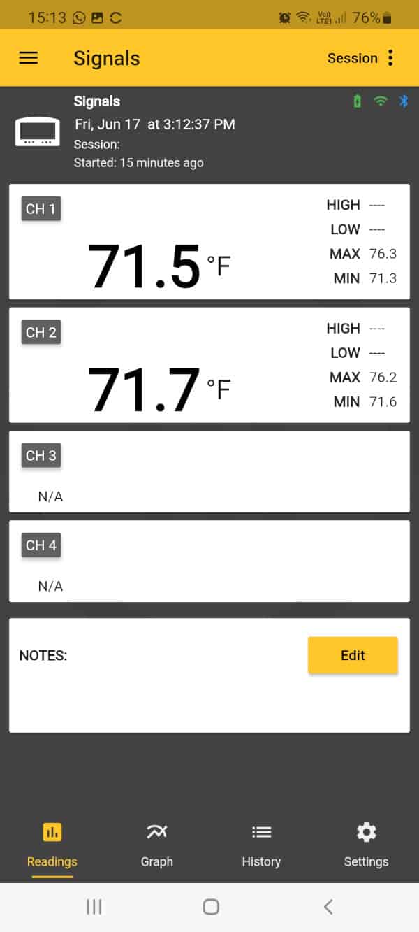 Thermoworks smartphone app showing temperature of two pro.