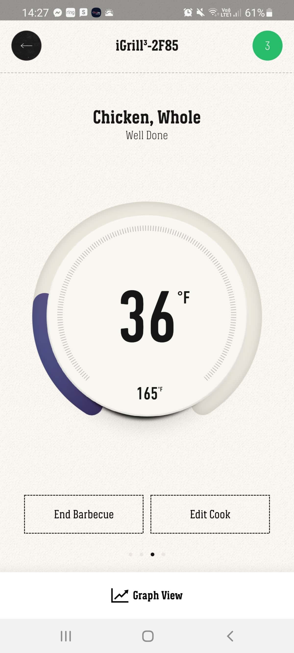 Weber iGrill smartphone screenshot showing 36 degrees on a food probe.