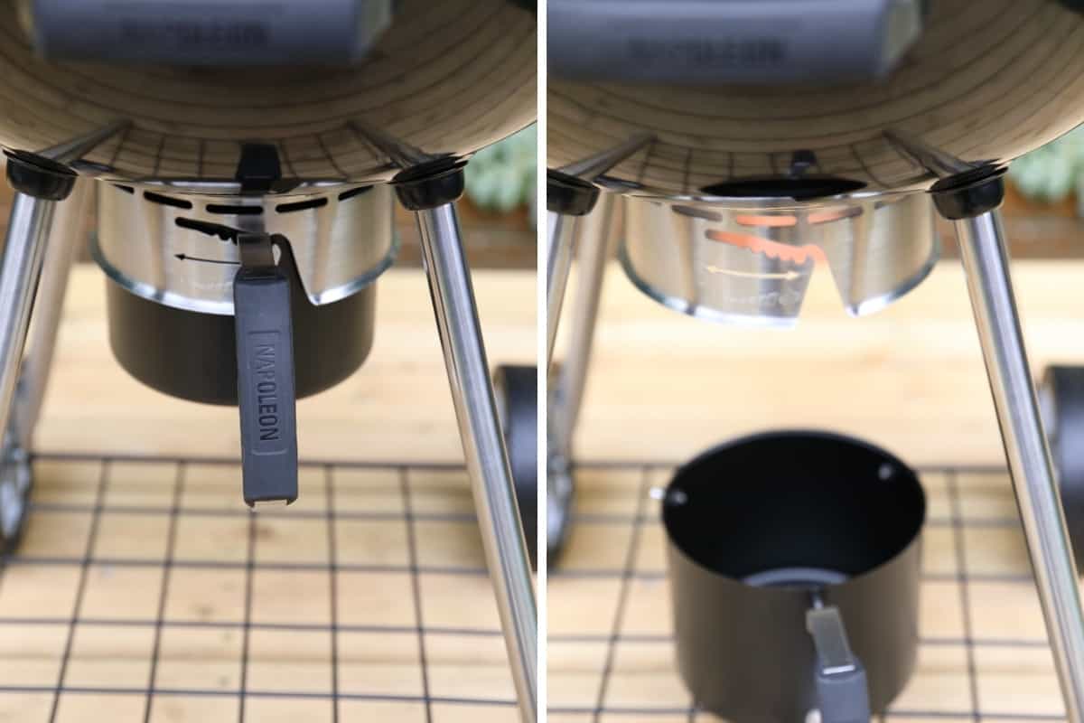 Two photos showing the Napoleon PRO22K-LEG-2 ash catcher attached and remo.