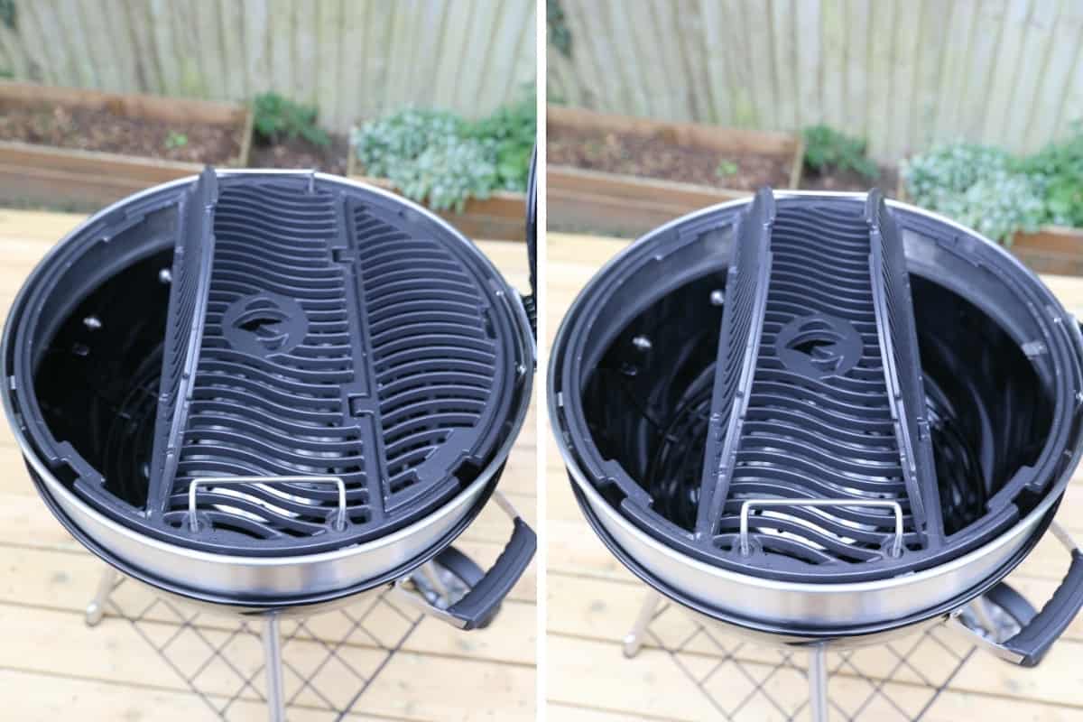 Two photos side by side of Napoleon PRO22K-LEG-2 hinged grates.