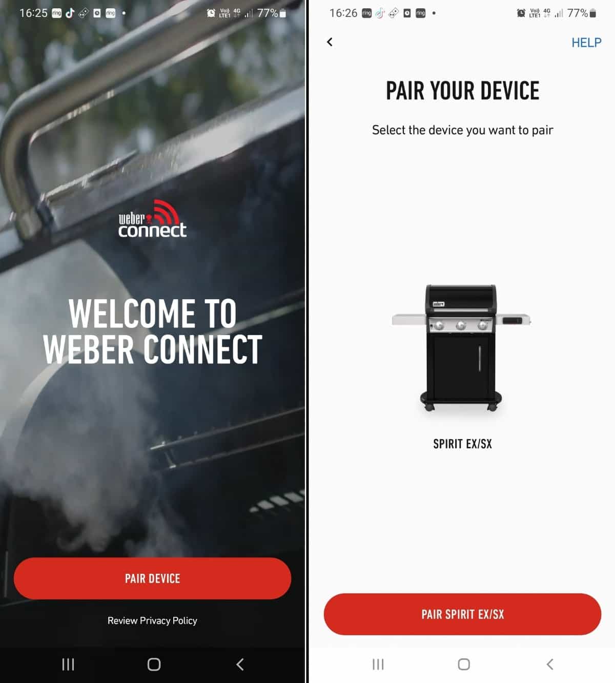 Two Weber Connect smartphone app screenshots, showing the welcome screen and how to connect to a Spirit grill