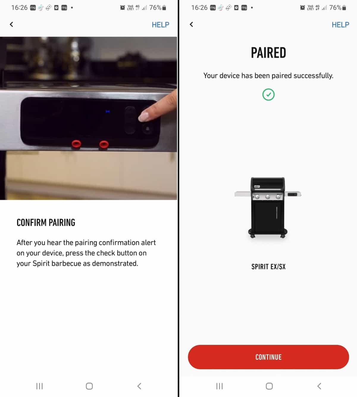 Two Weber Connect smartphone app screenshots, showing how to connect to a Spirit gas grill.